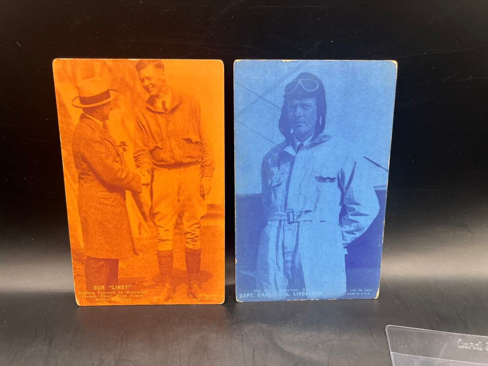 2 Color Tinted 1920s Charles Lindbergh Exhibit Cards Spirit of St Louis Postcard